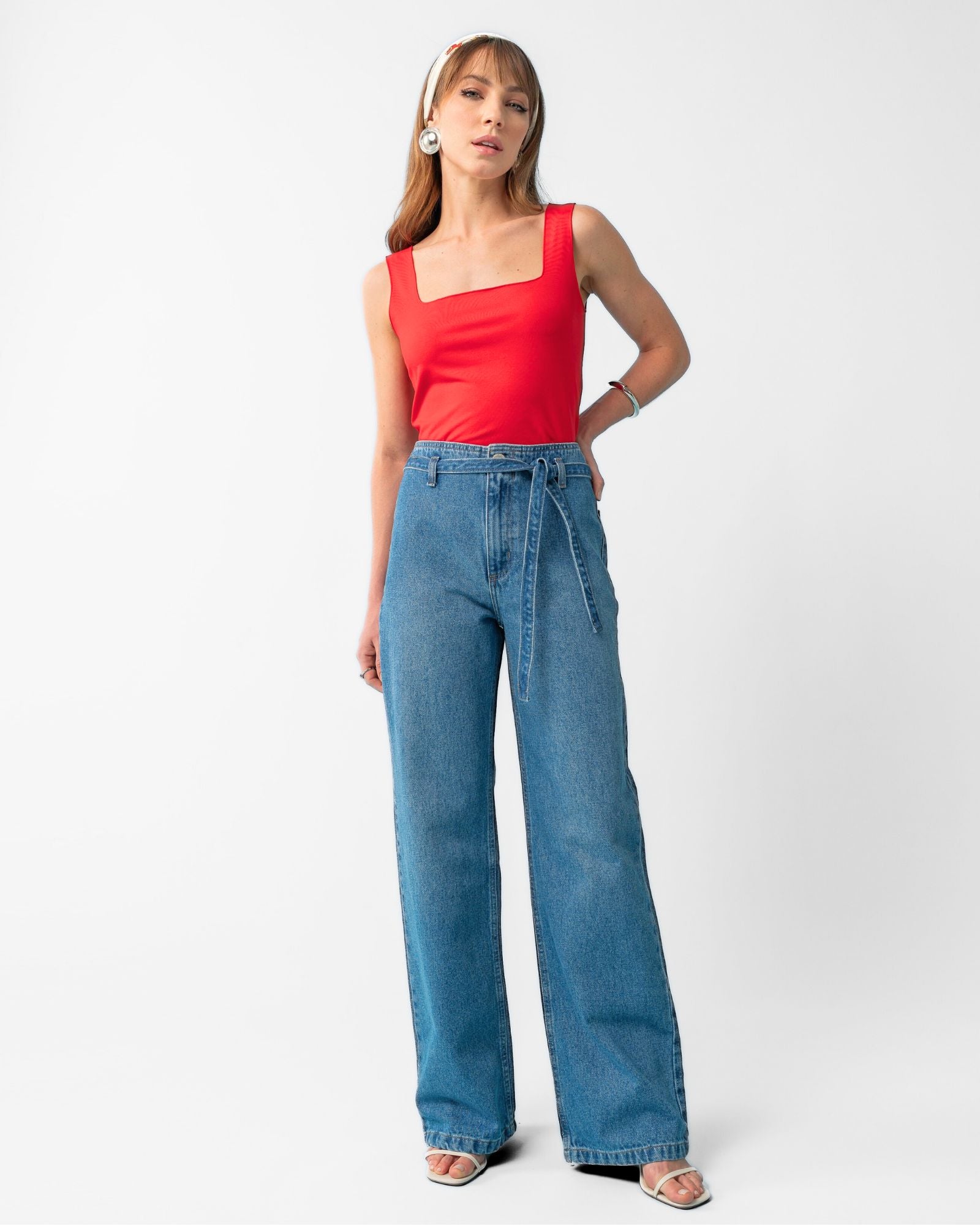 Calça Wide Leg sem Cós com Faixa em Jeans
