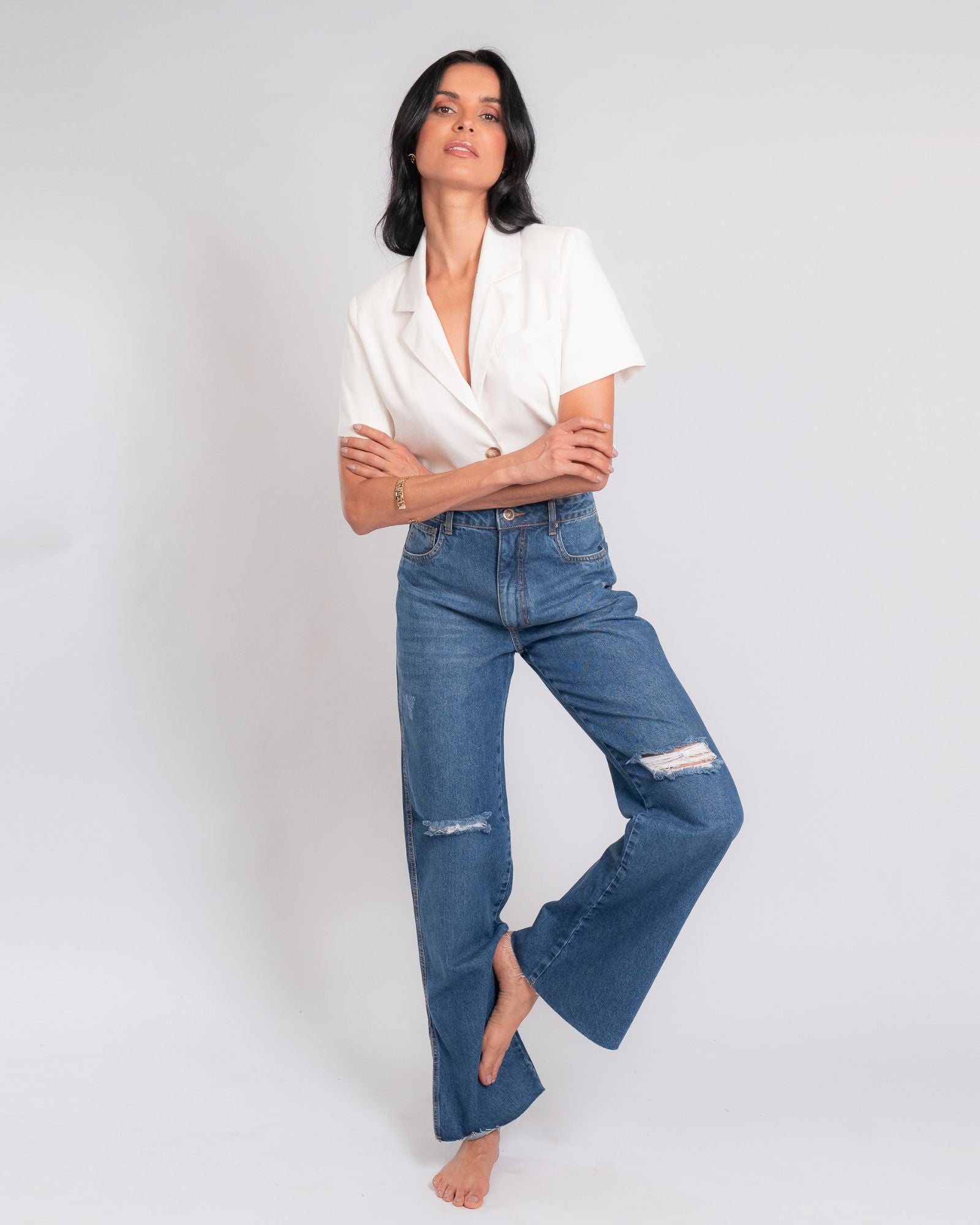 Calça Wide Leg Jeans Fenda Lateral