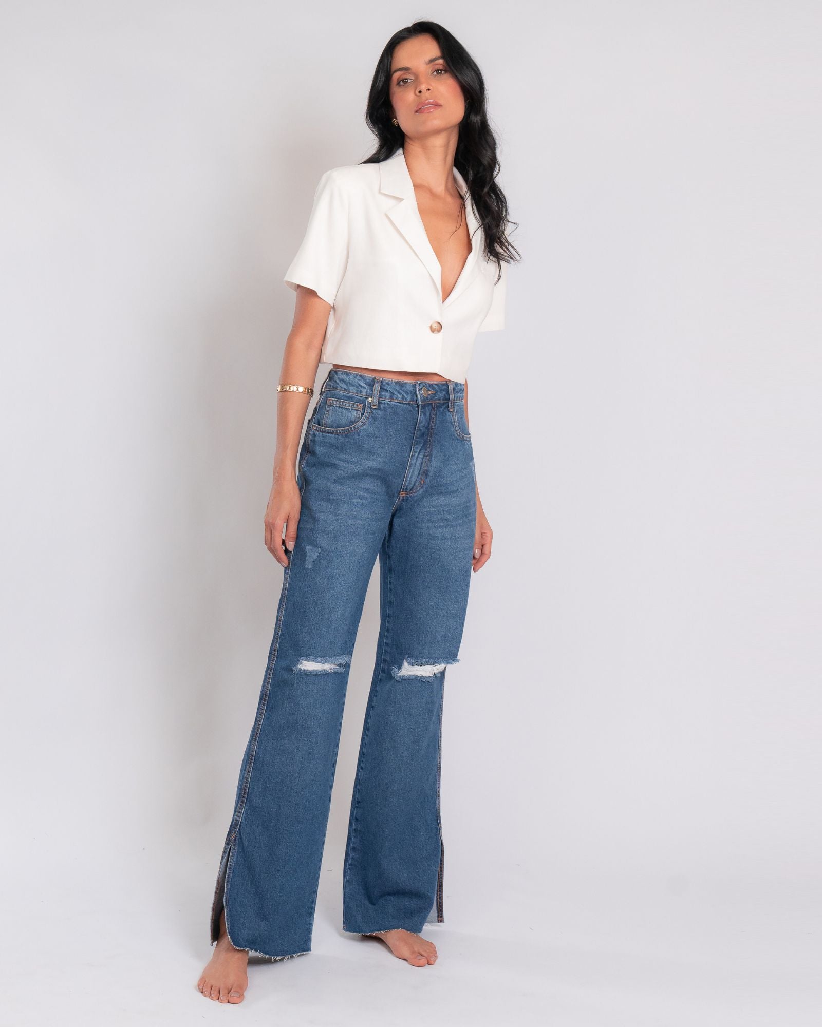 Calça Wide Leg Jeans Fenda Lateral