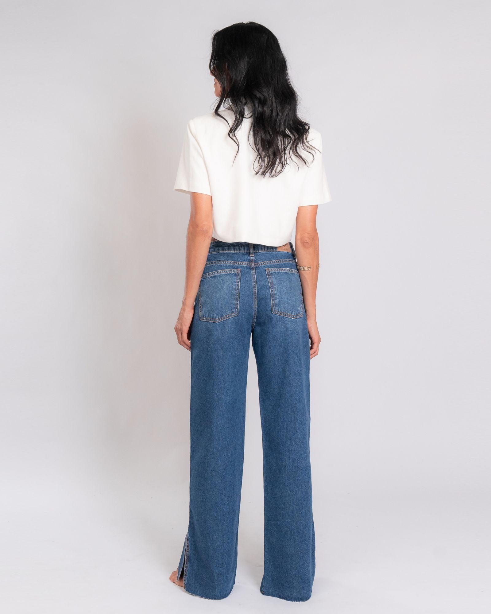 Calça Wide Leg Jeans Fenda Lateral