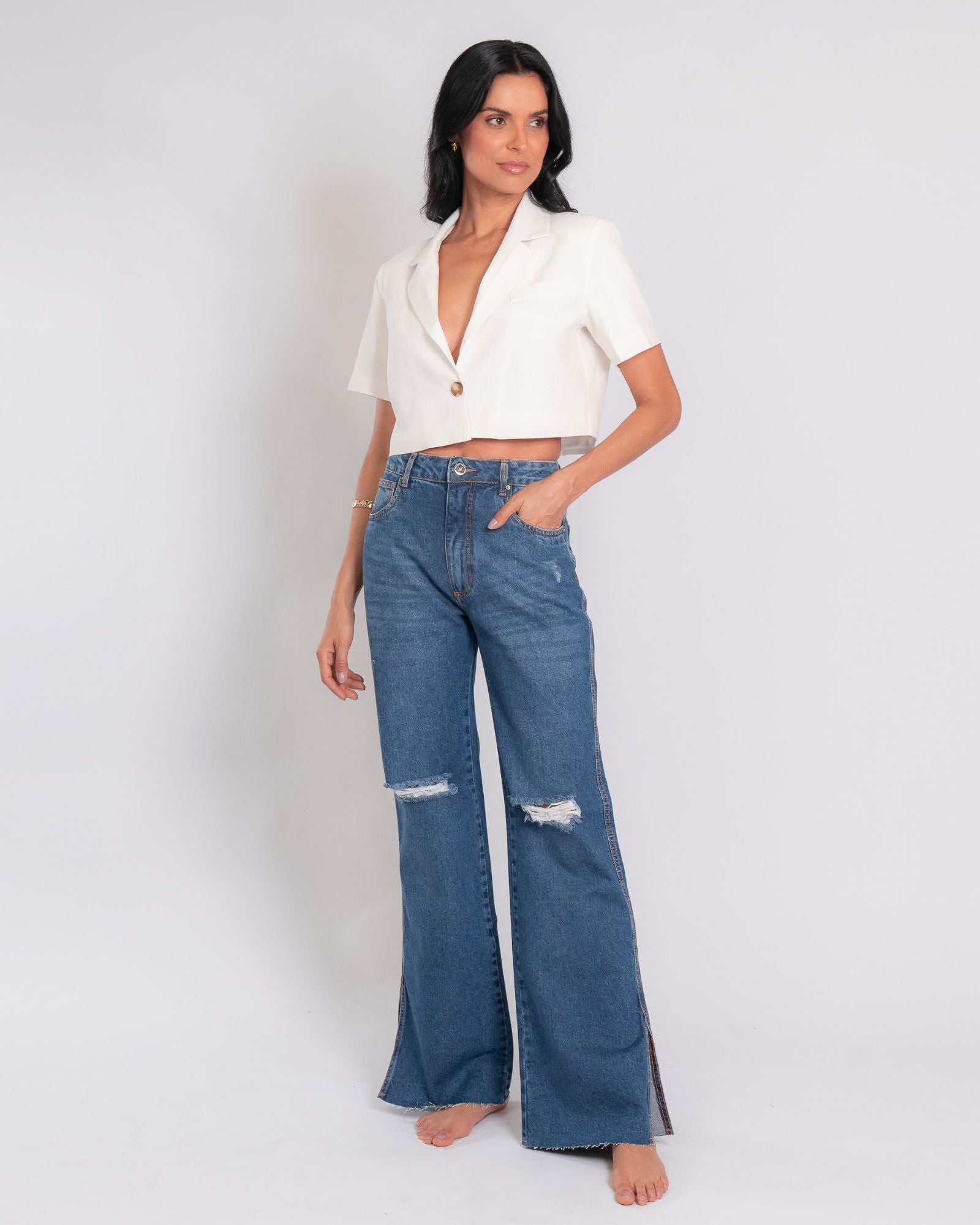 Calça Wide Leg Jeans Fenda Lateral
