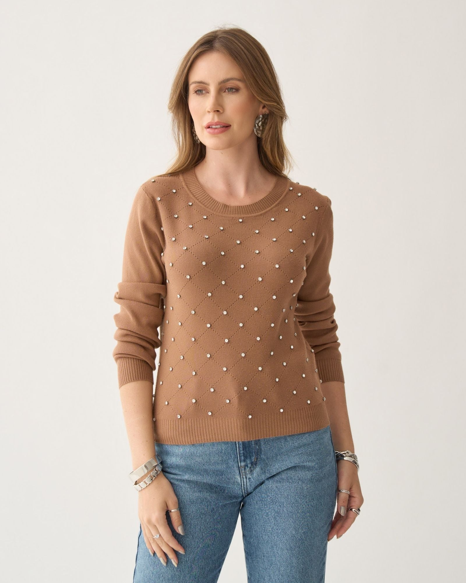 Blusa Cropped de Tricô com Pedraria