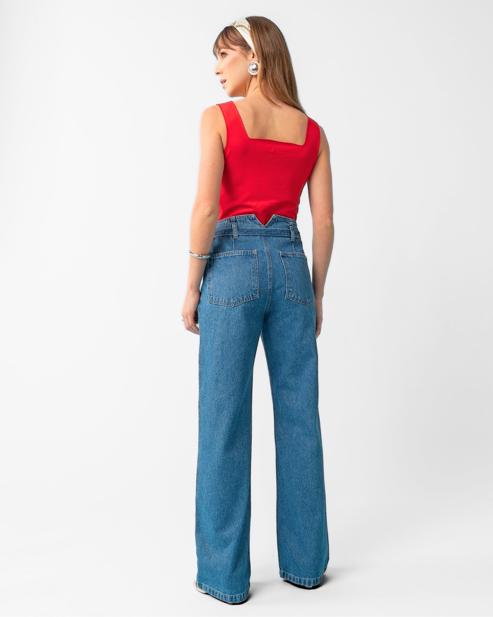 Calça Wide Leg sem Cós com Faixa em Jeans