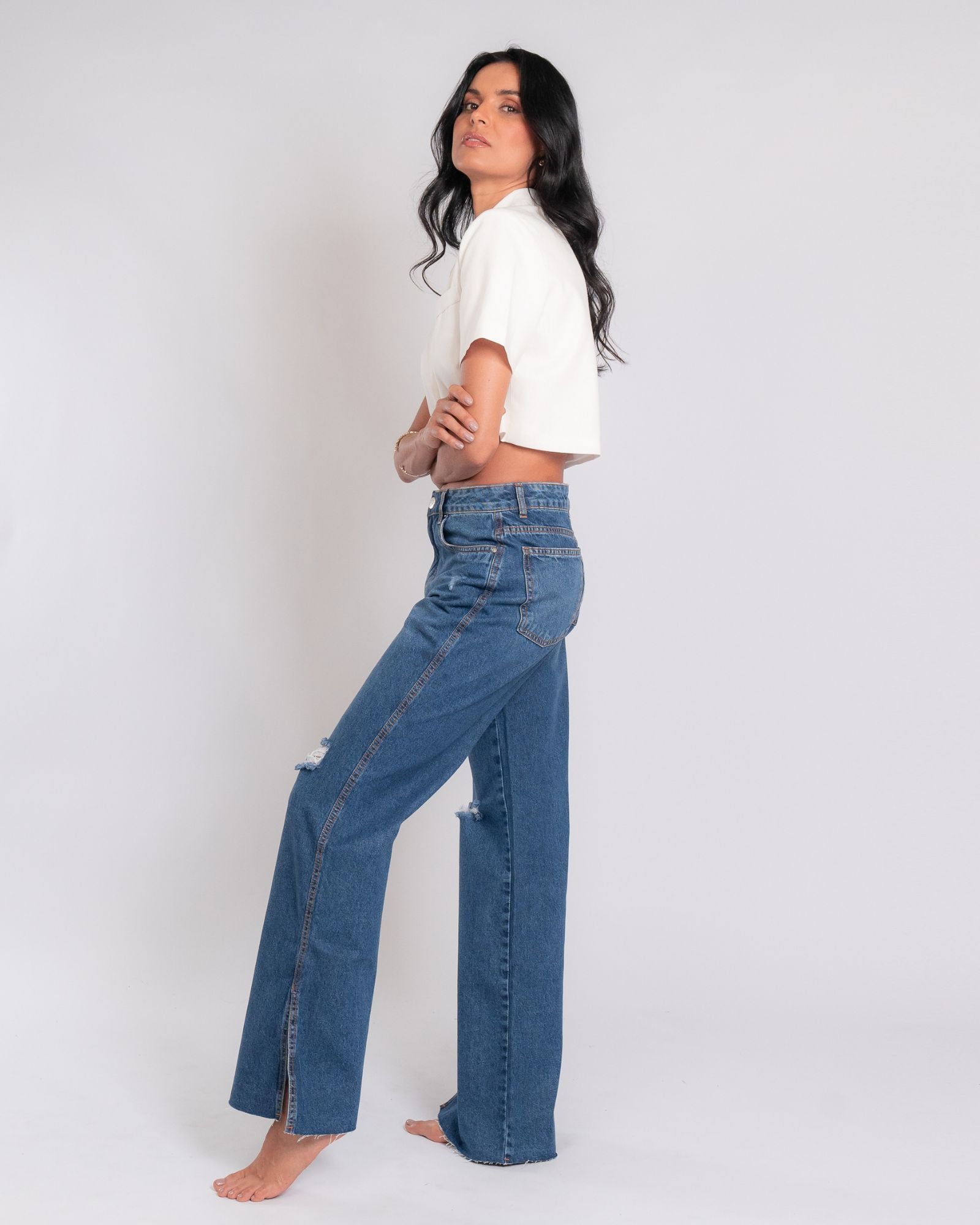 Calça Wide Leg Jeans Fenda Lateral
