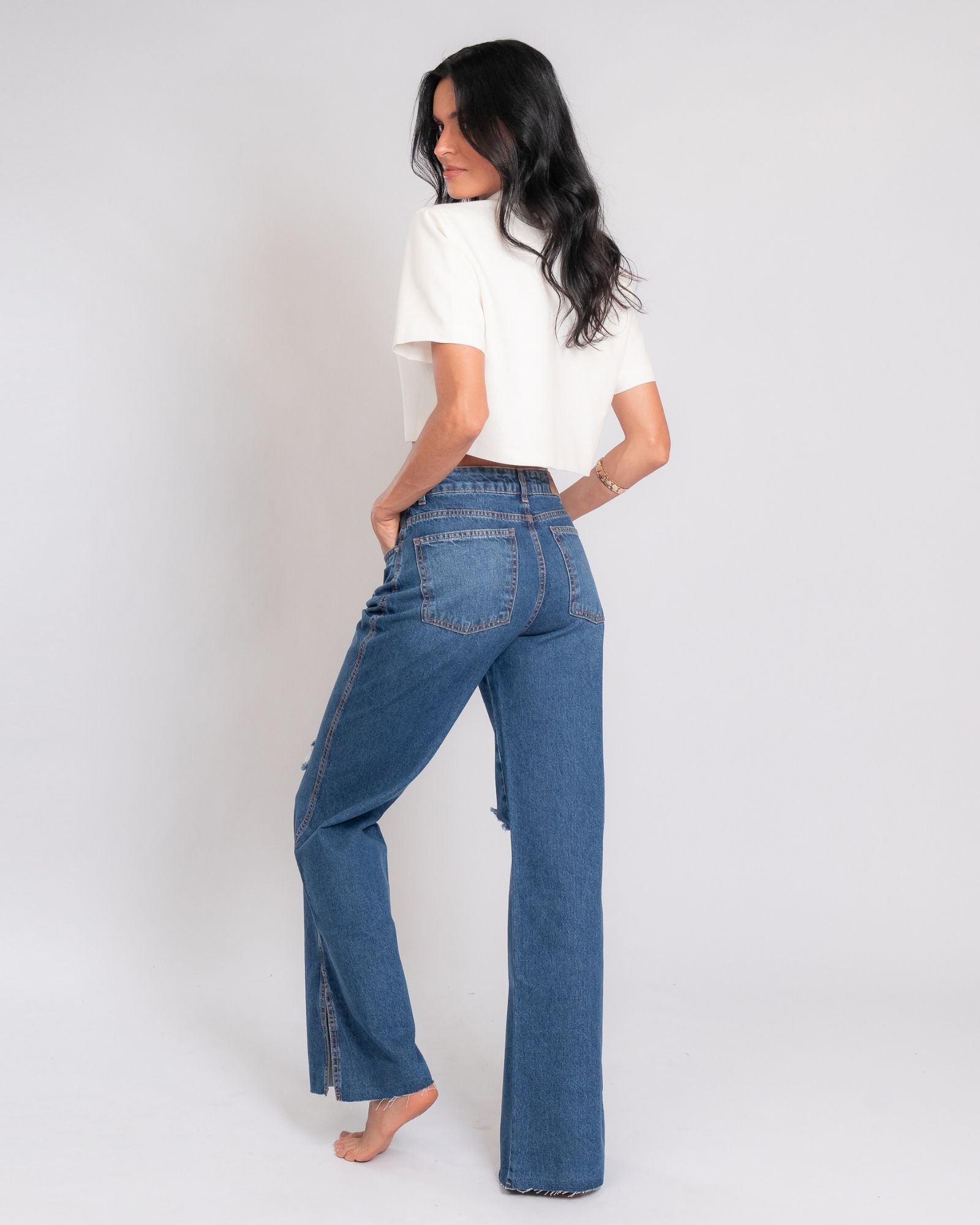 Calça Wide Leg Jeans Fenda Lateral