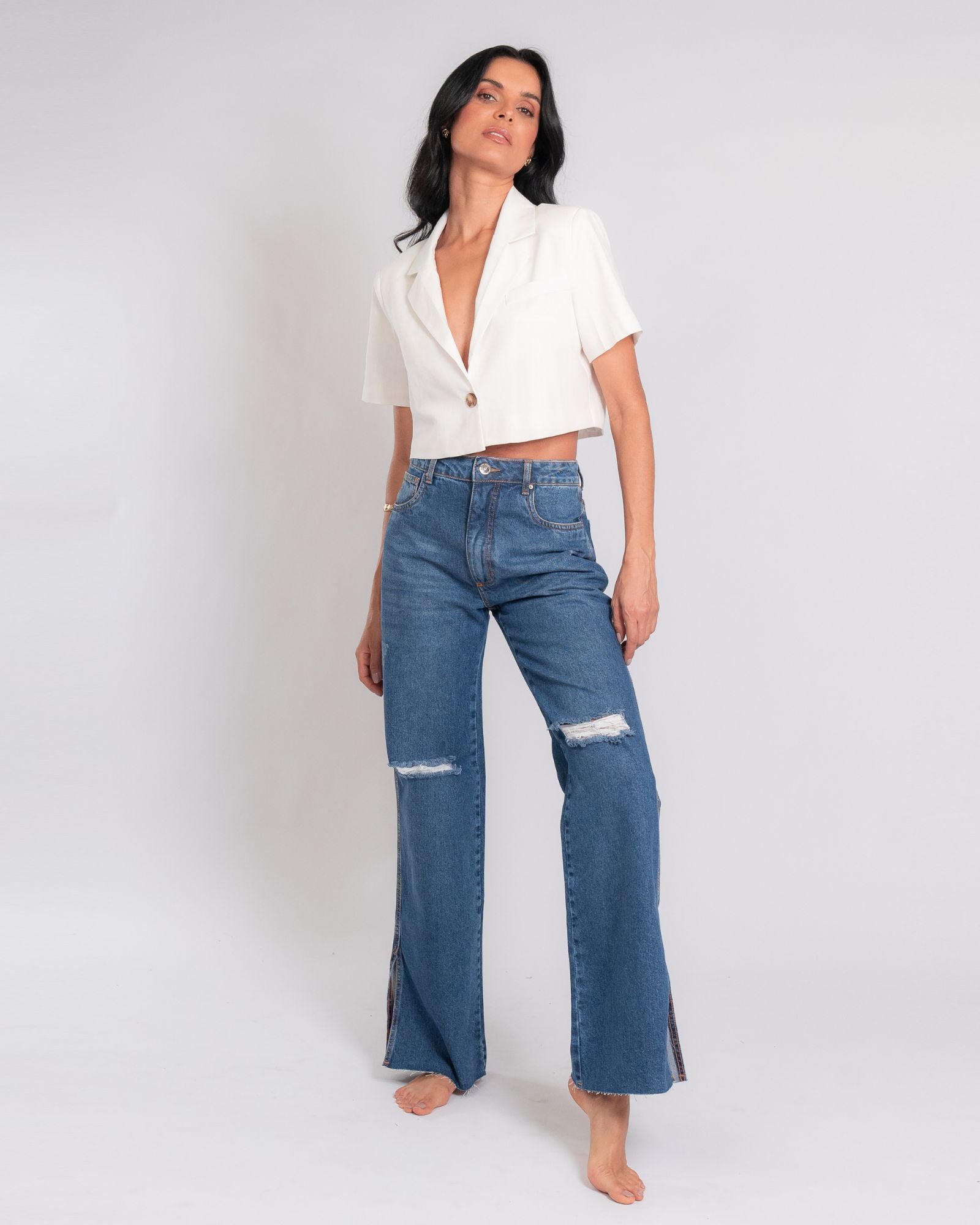 Calça Wide Leg Jeans Fenda Lateral