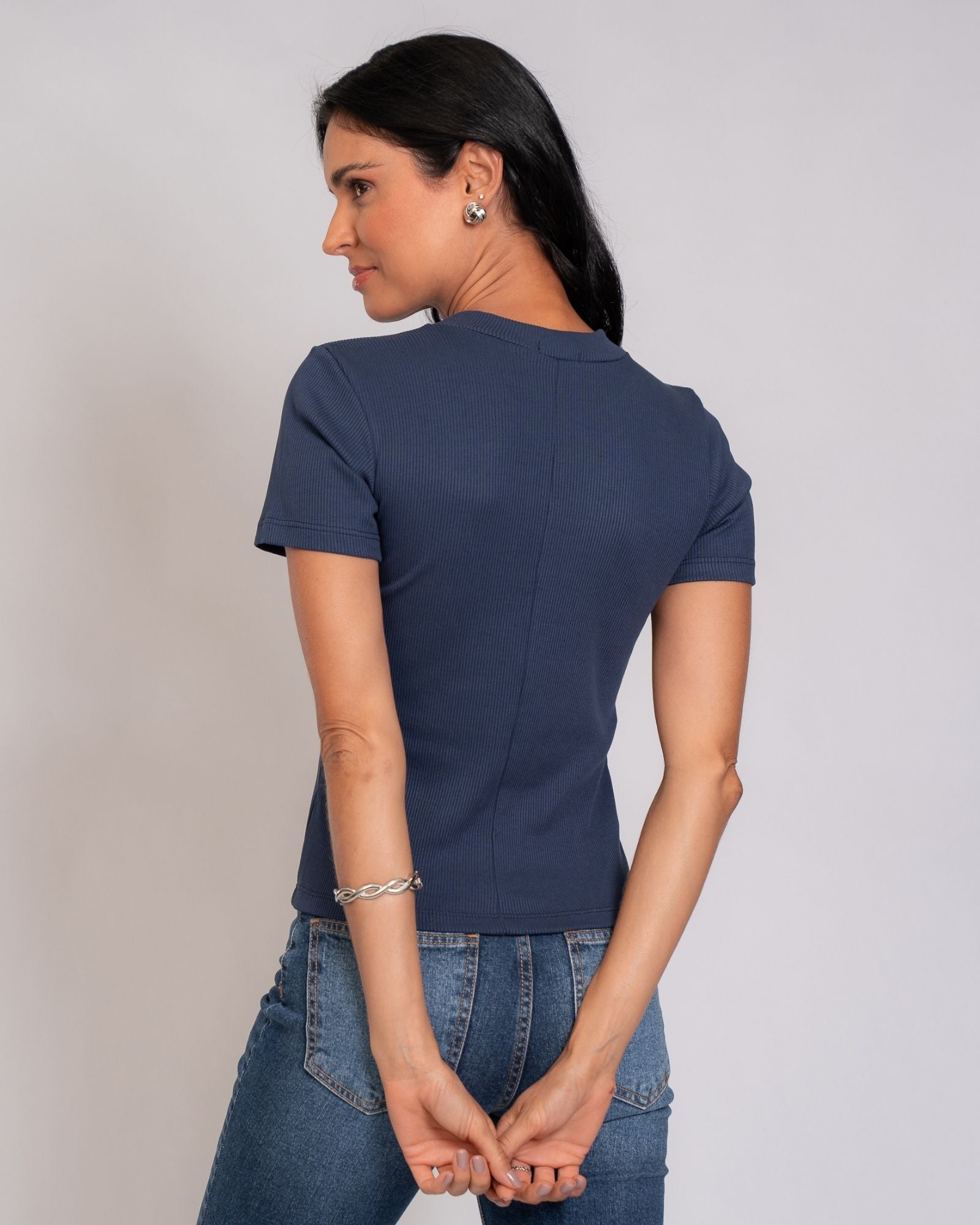 Blusa em Malha Canelada com Gola Ribana