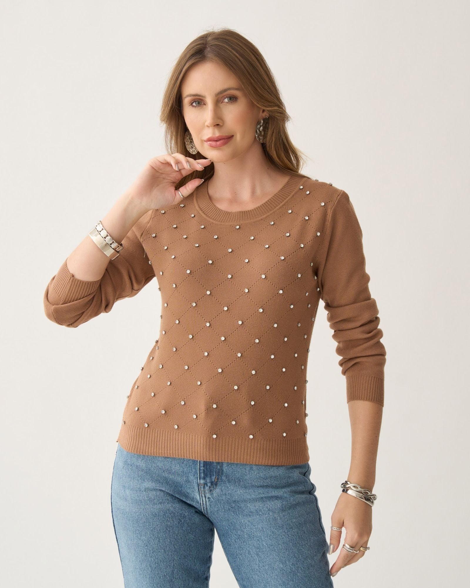 Blusa Cropped de Tricô com Pedraria