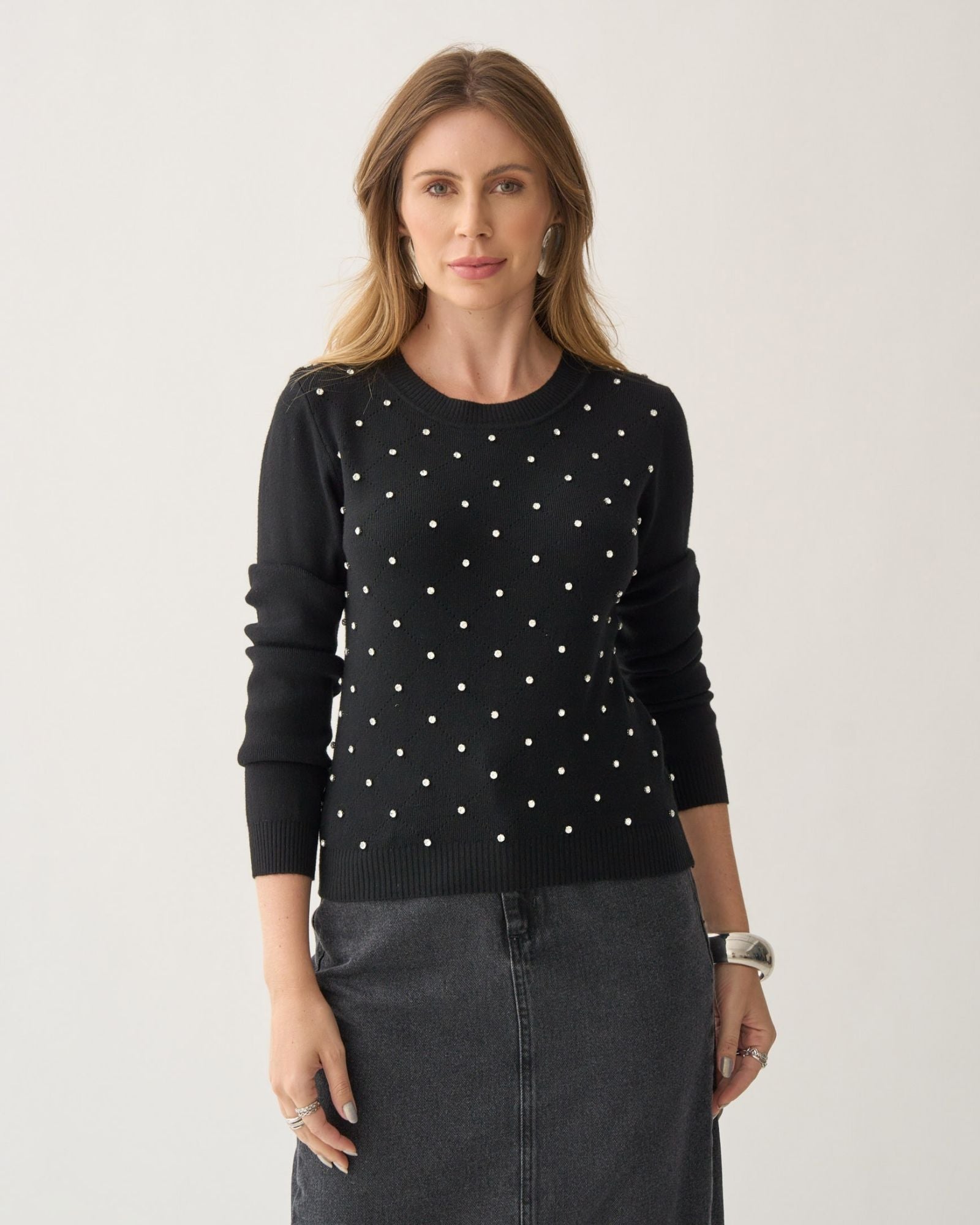 Blusa Cropped de Tricô com Pedraria