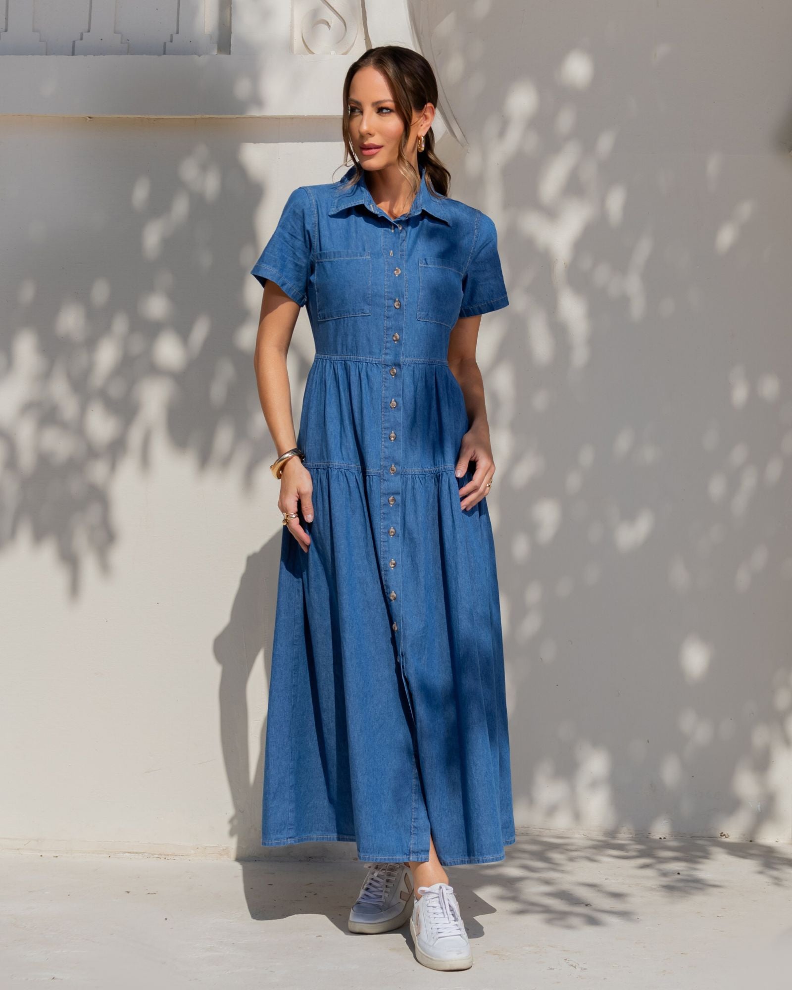 Vestido Jeans Marias manga curta claro
