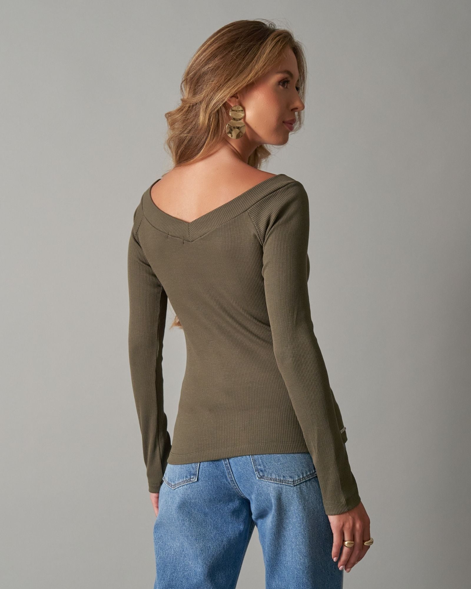 Blusa de Malha Canelada Gola V