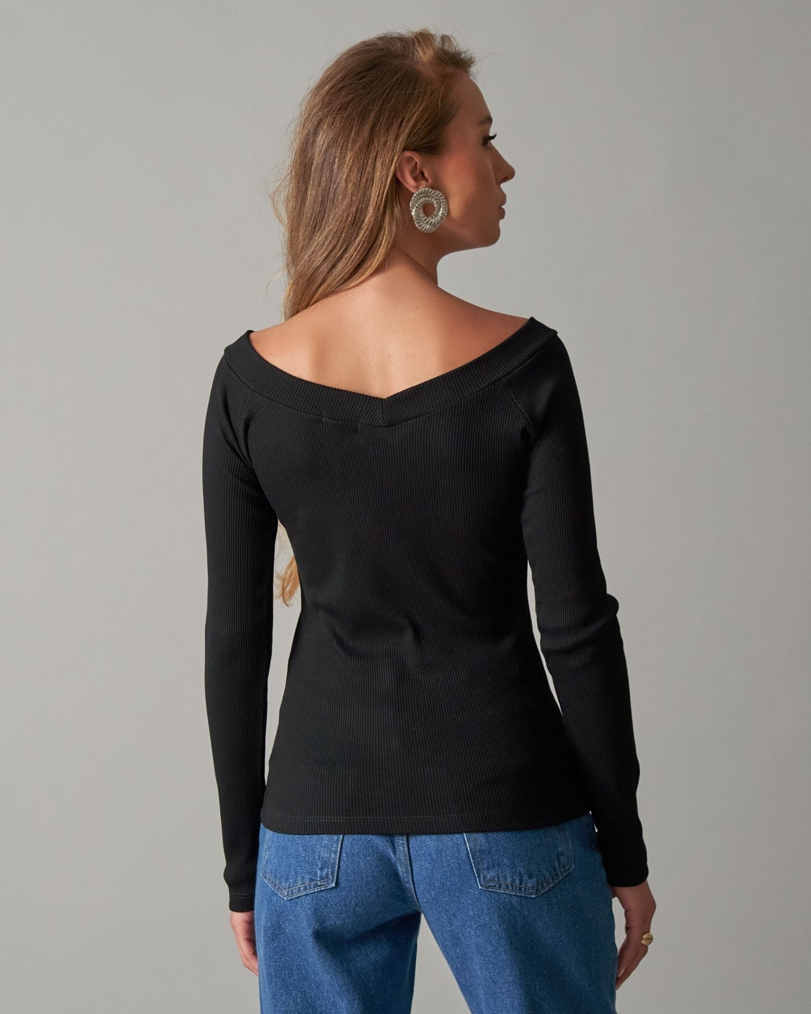 Blusa de Malha Canelada Gola V