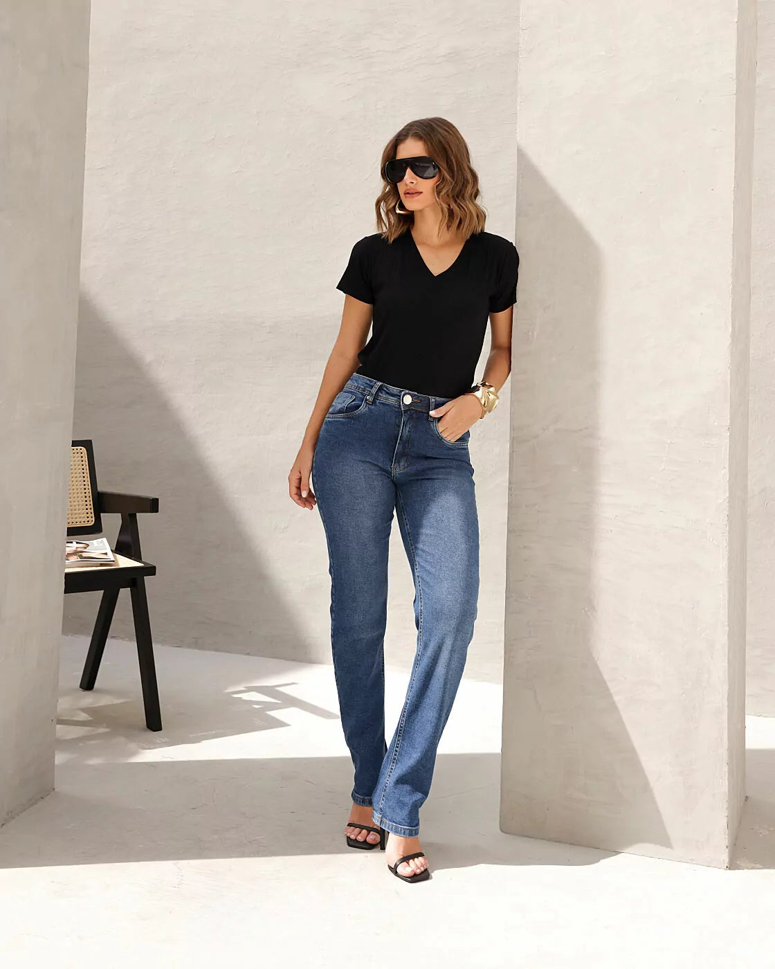 Calça Reta -  lavagem média