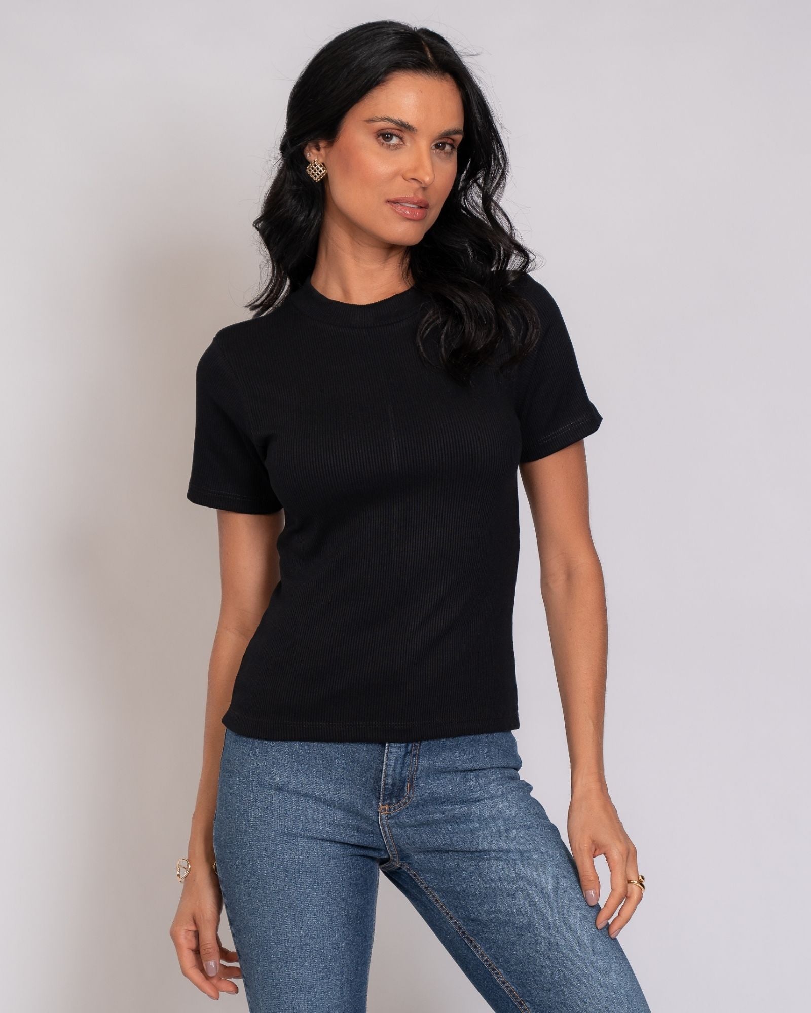 Blusa em Malha Canelada com Gola Ribana