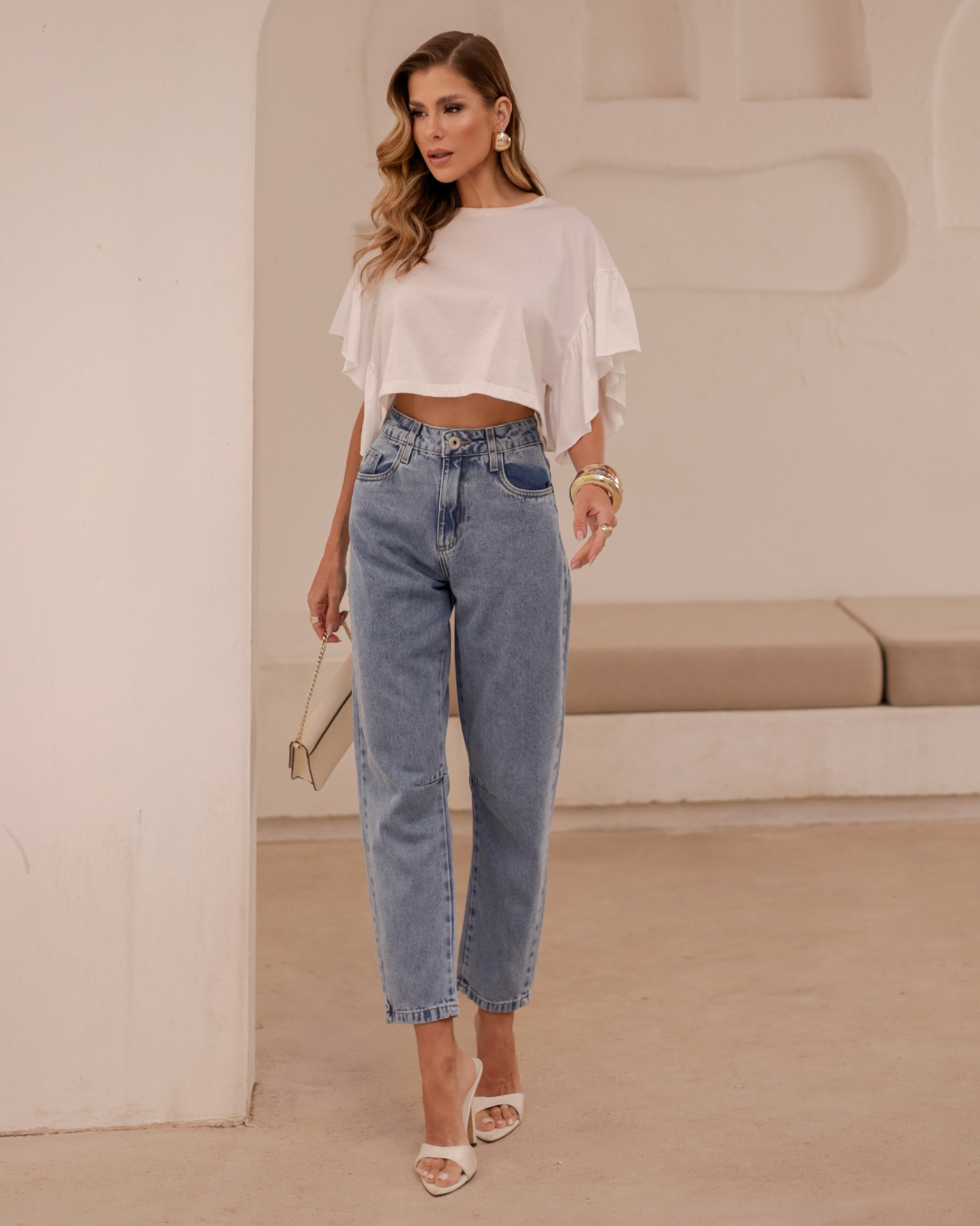 Calça barrel jeans com pences