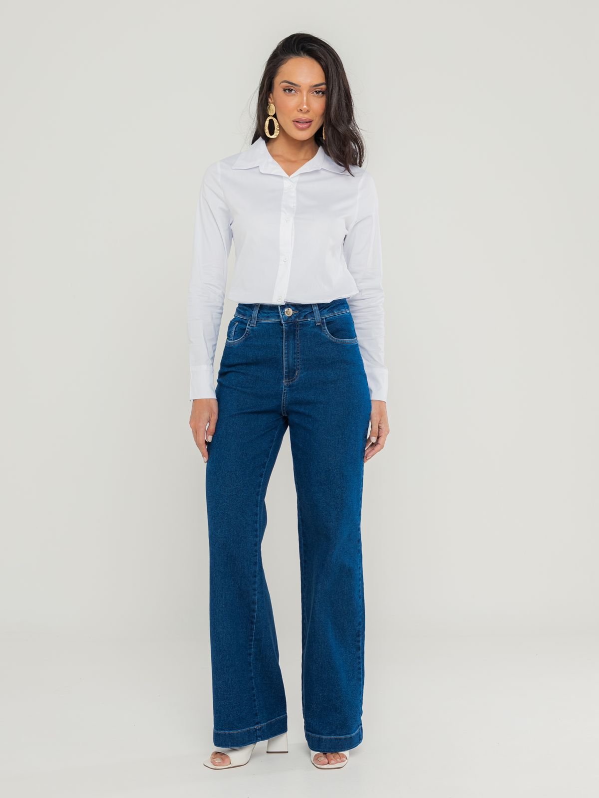 Calça wide jeans com elastano