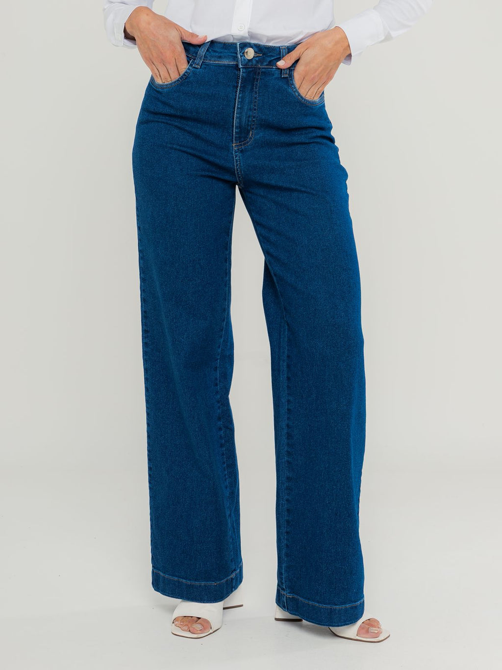 Calça wide jeans com elastano