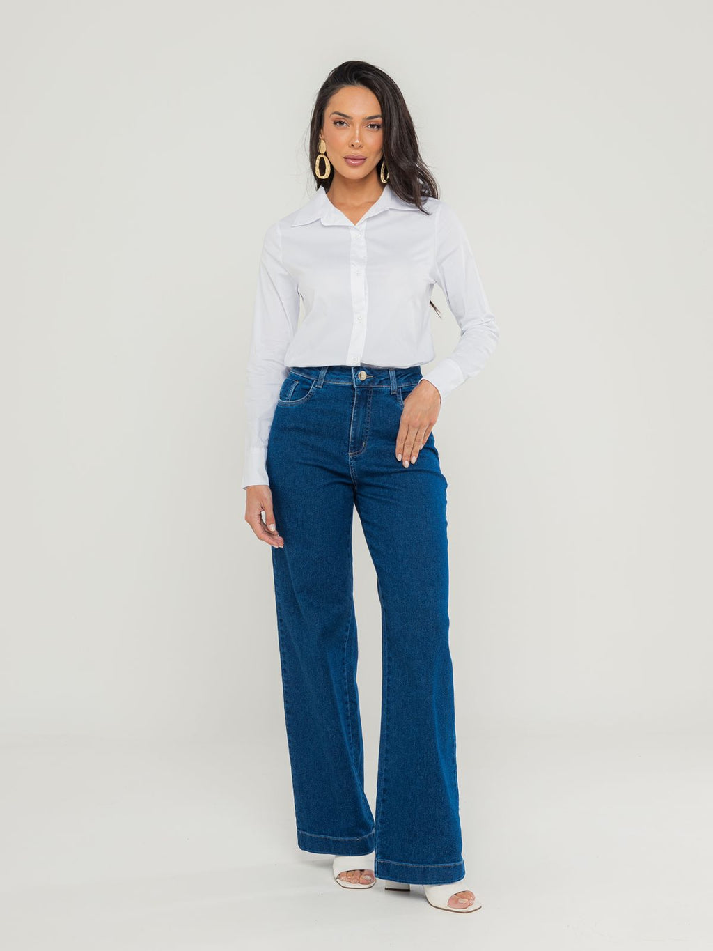 Calça wide jeans com elastano