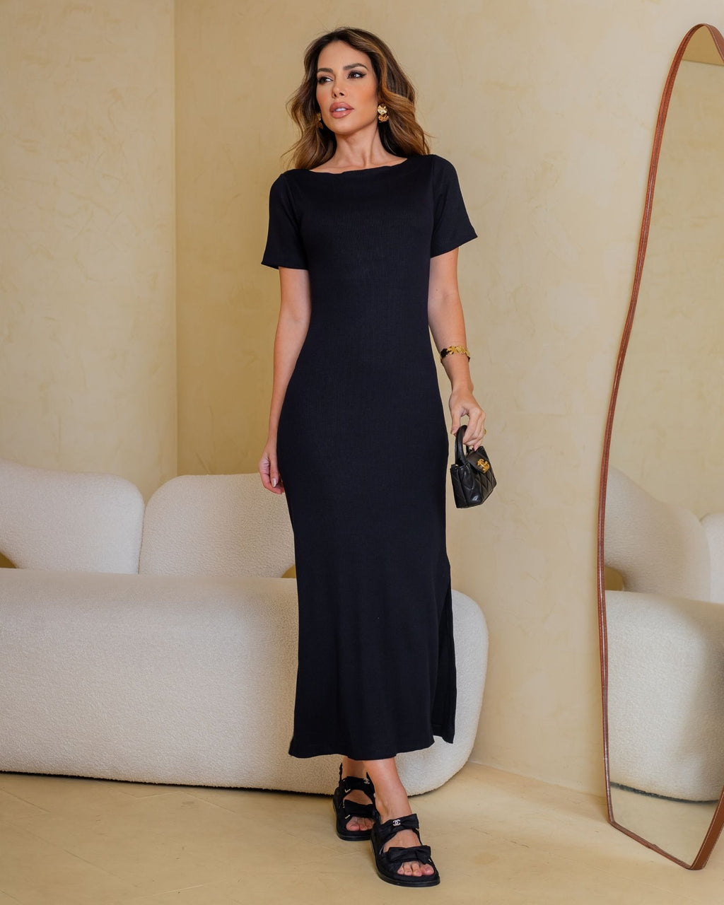 Vestido Midi em Malha Canelada