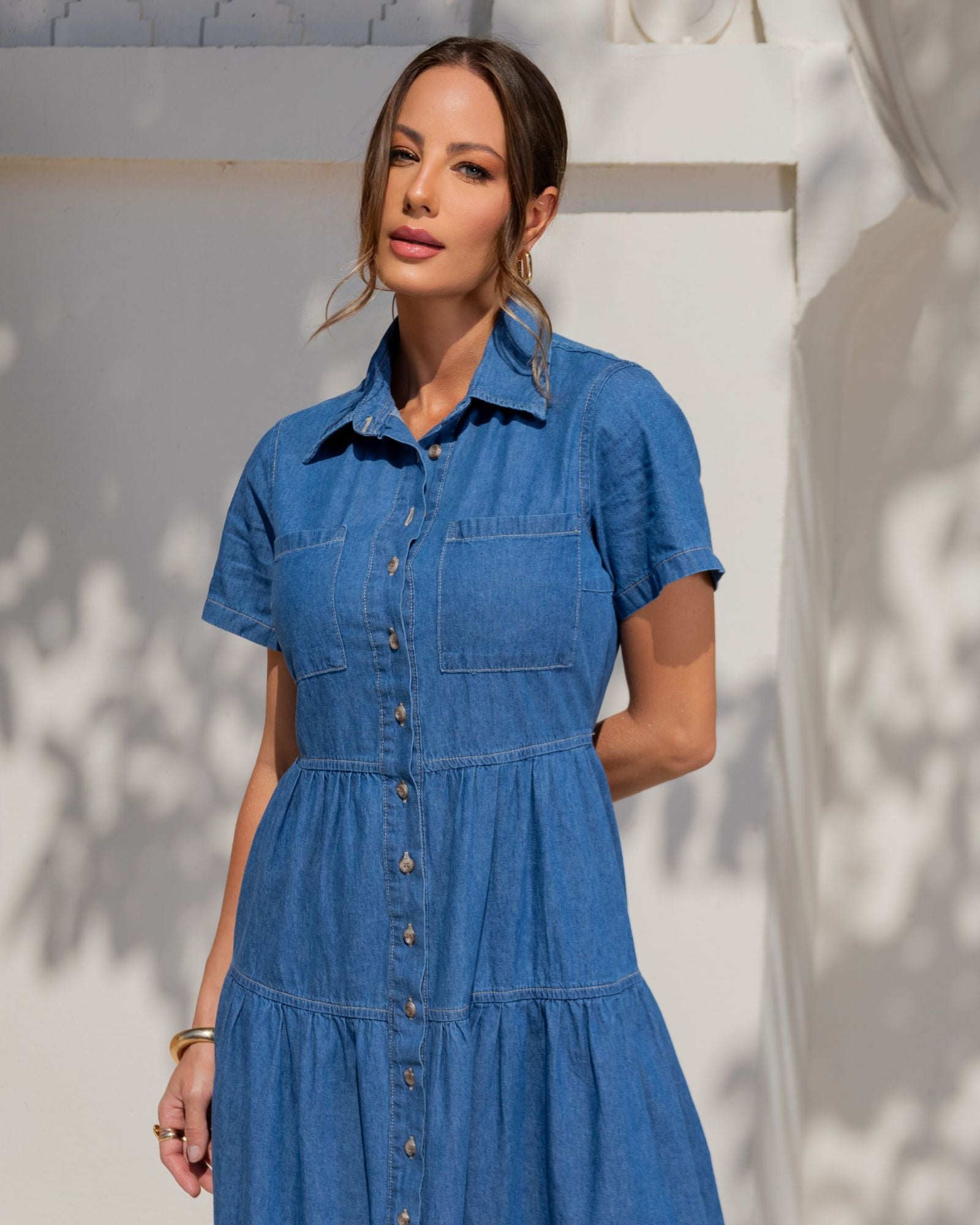 Vestido Jeans Marias manga curta claro