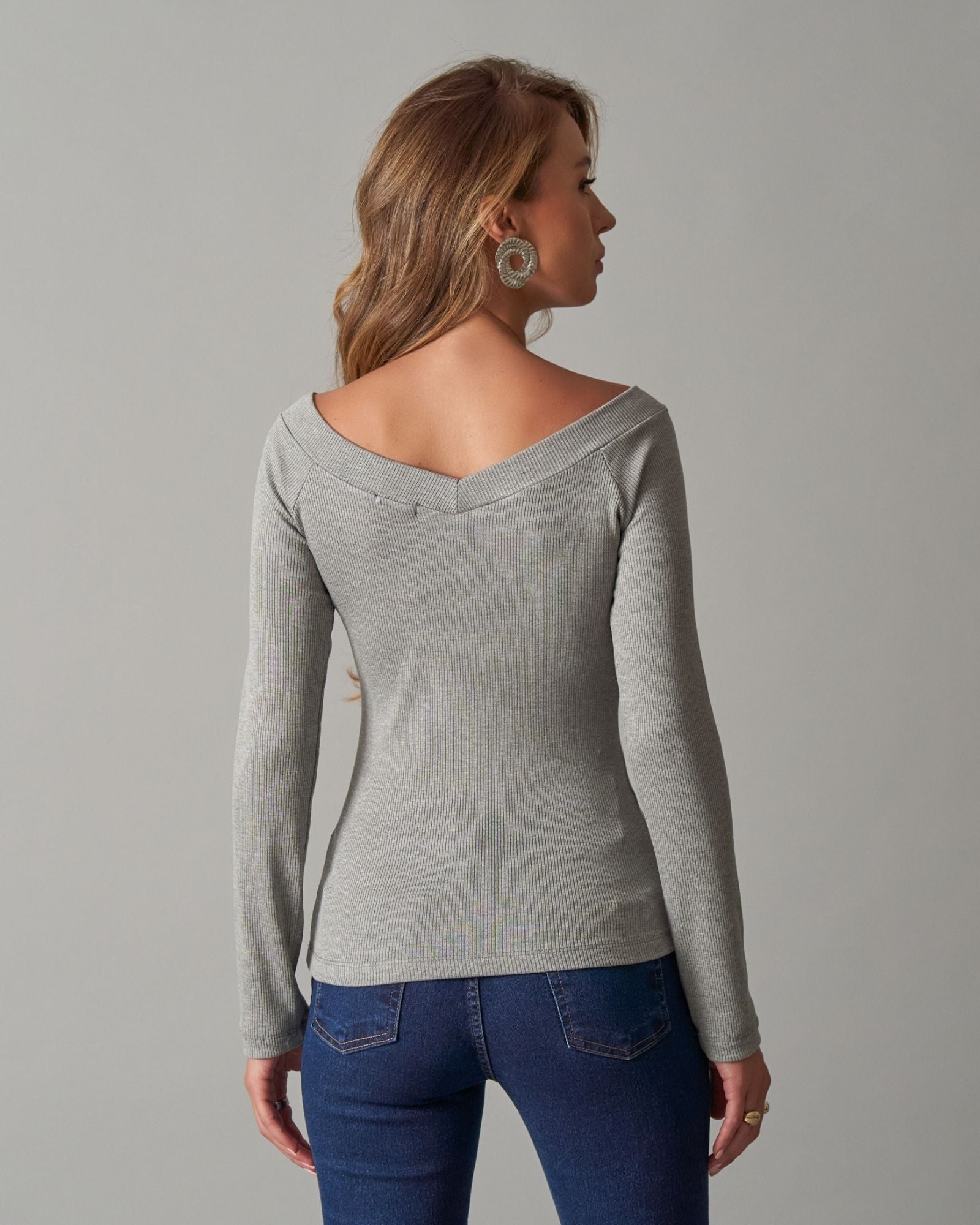 Blusa de Malha Canelada Gola V