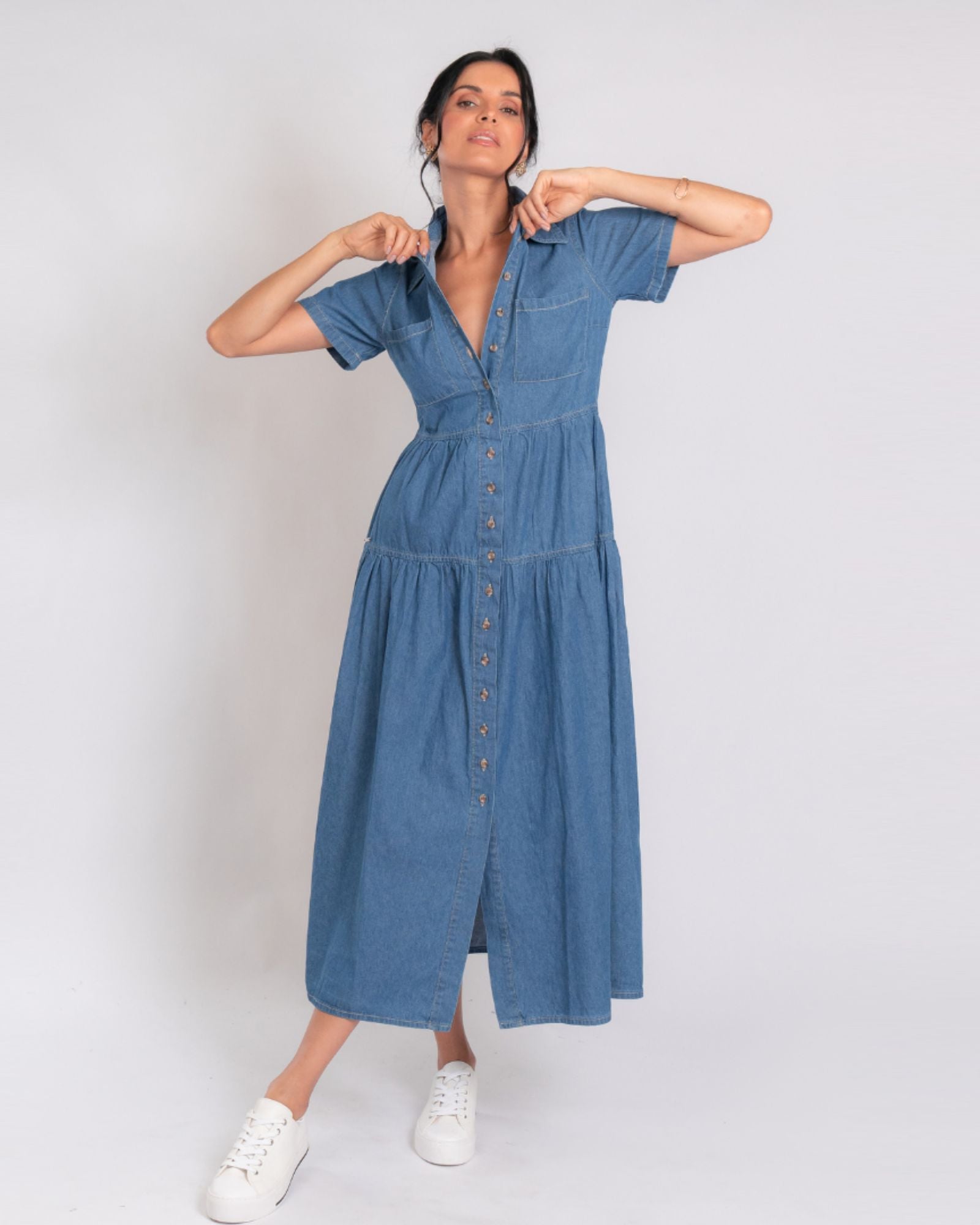 Vestido Jeans Marias manga curta claro