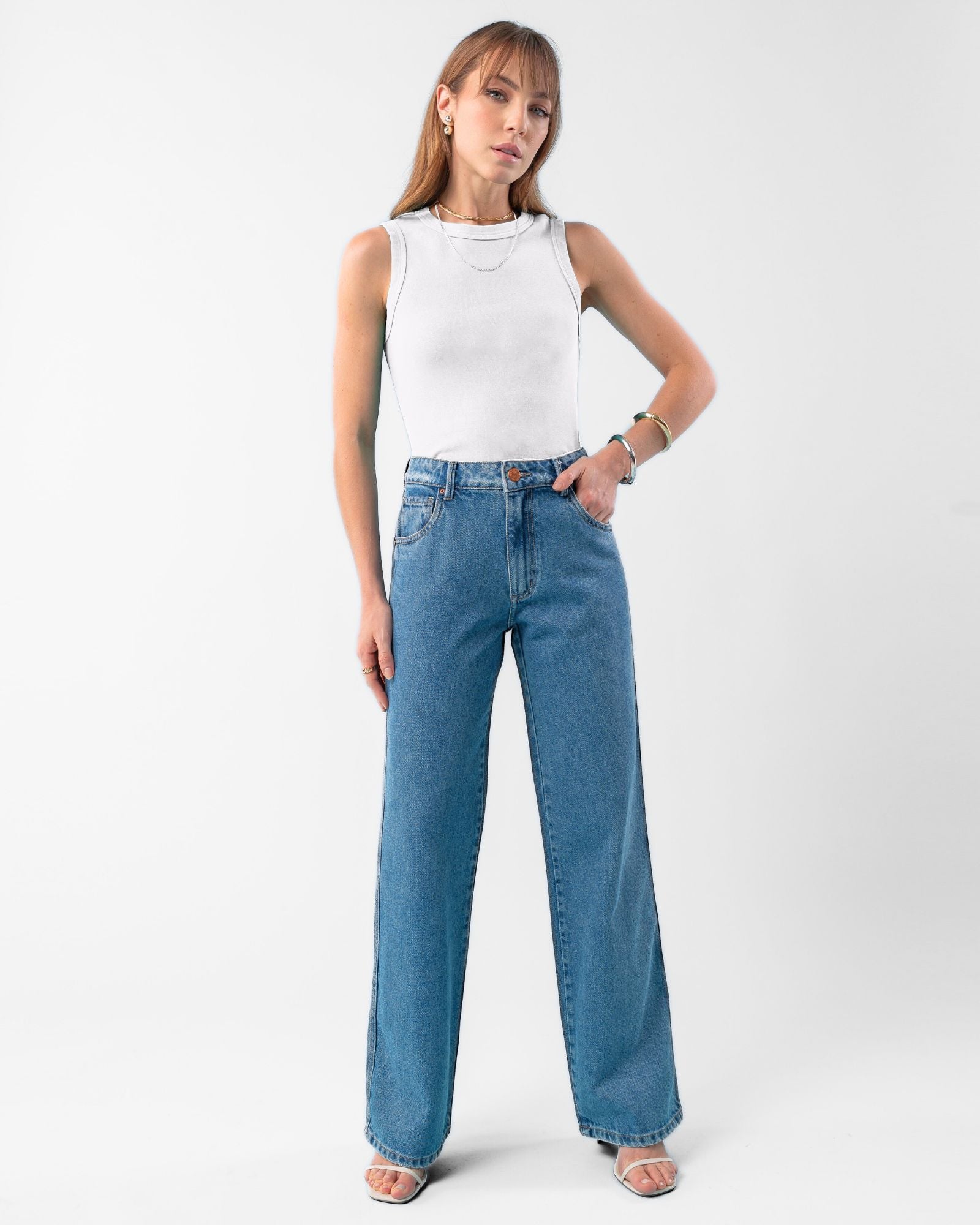 Calça Wide Leg Jeans com Lavagem Média