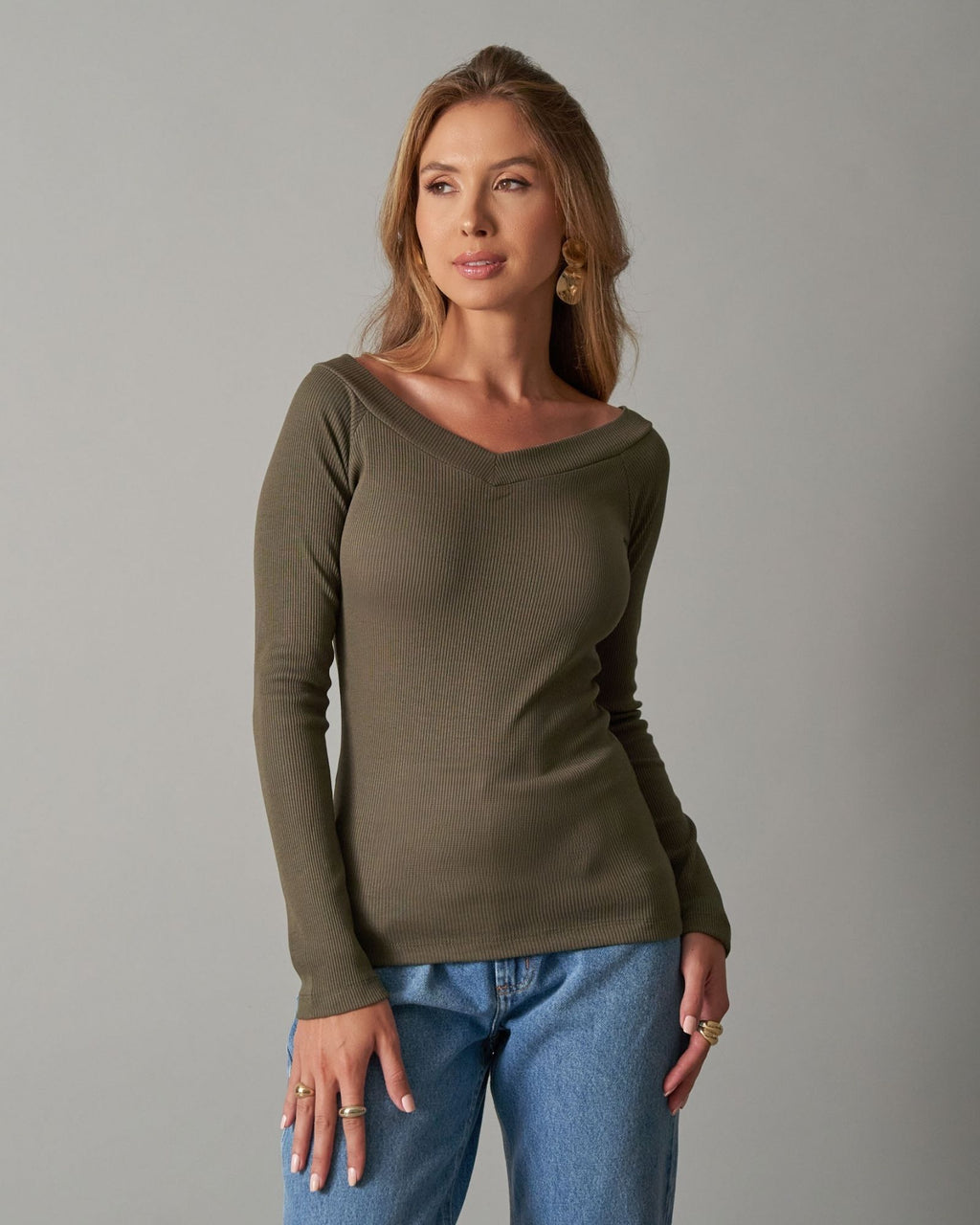 Blusa de Malha Canelada Gola V