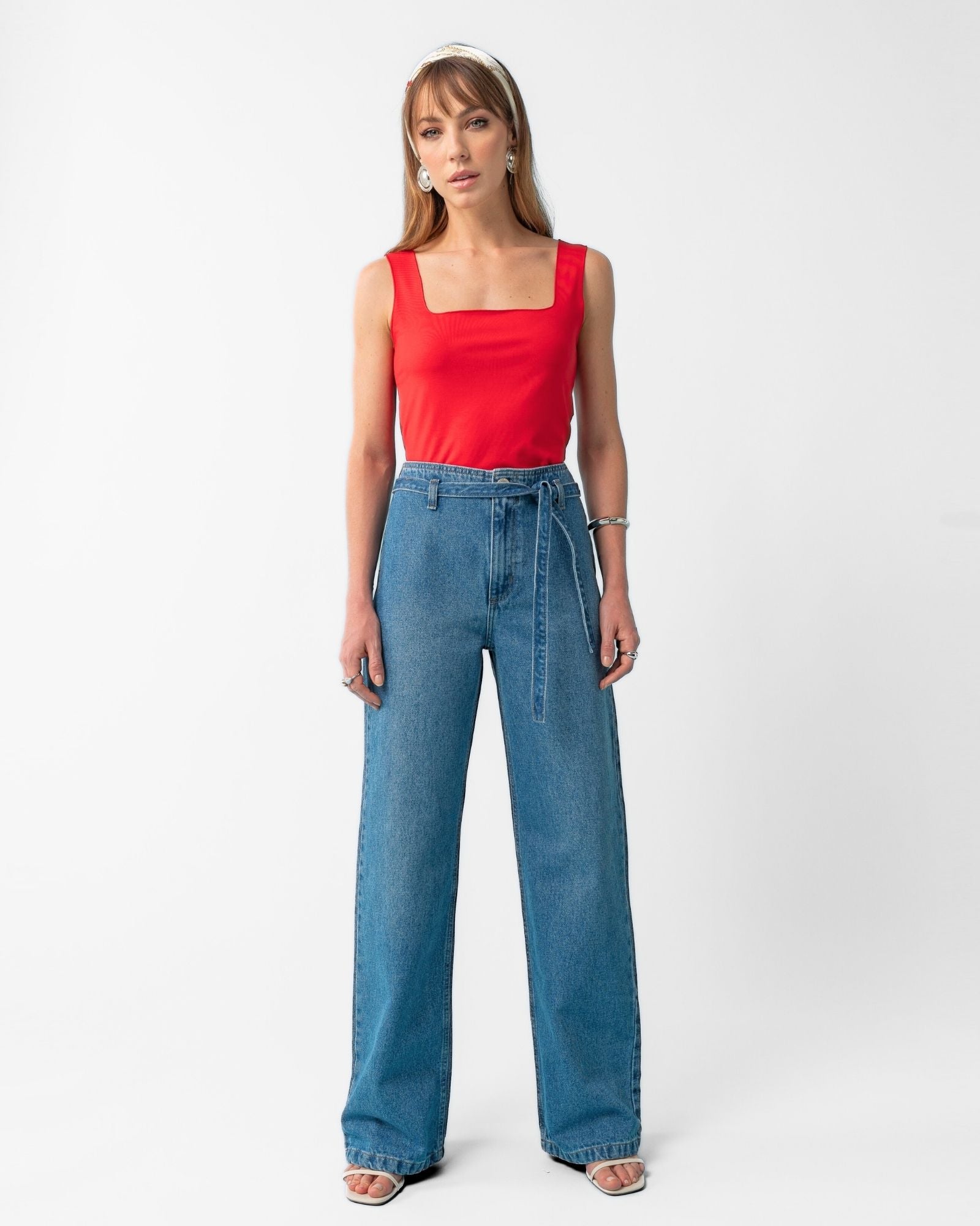 Calça Wide Leg sem Cós com Faixa em Jeans